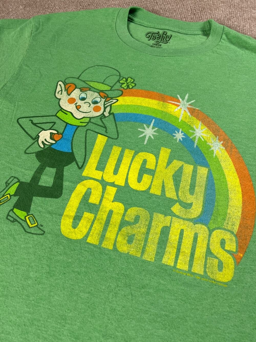 Lucky Charms T Shirt Mens Green Leprechaun Rainbow Retro Cereal Tee Luv Large
